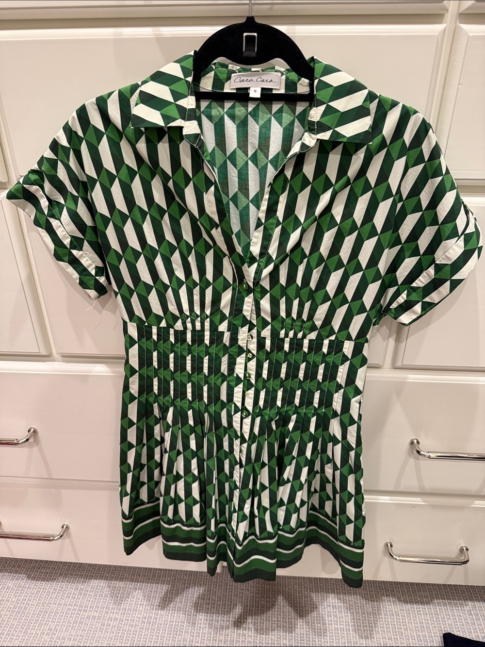 Cara Cara Green and White Geometric Mini Shirt Dress